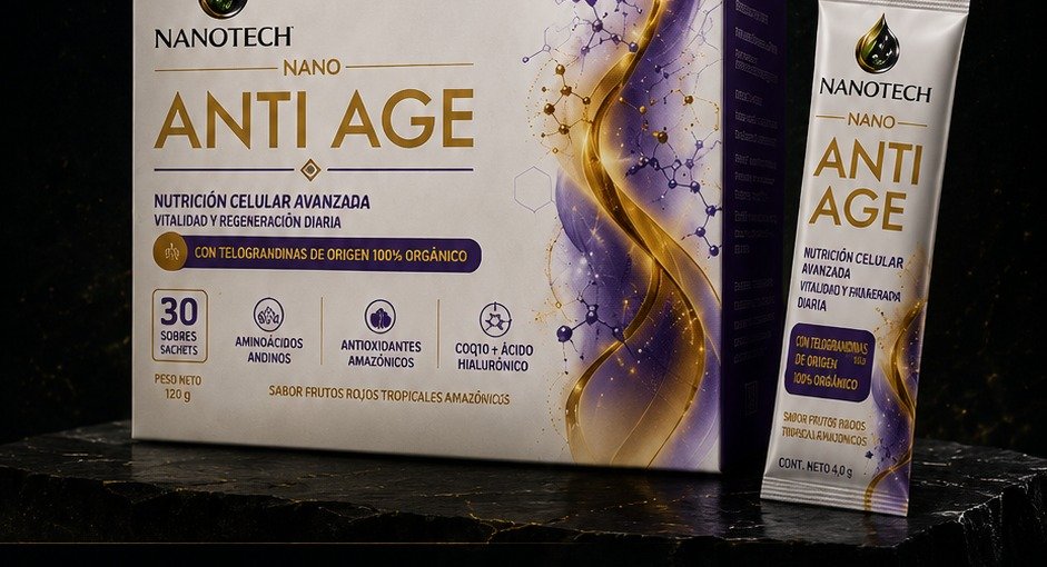 Caja oficial de NANO ANTI AGE con 30 sobres individuales de 5 gramos