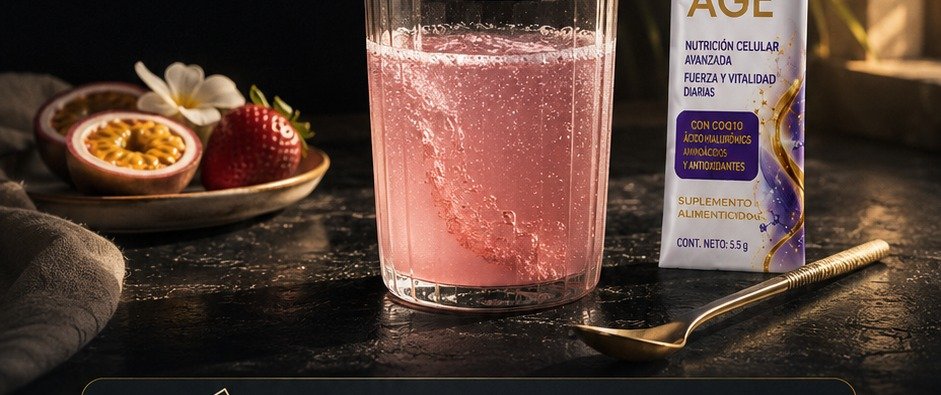 Vaso de cristal con NANO ANTI AGE disuelto en agua fría, mostrando tono rosado natural y sobre hermético de 5 gramos